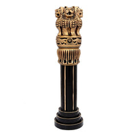 Wooden Ashok Chakra pillar showpiece with ornate lion head and black column base