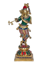 Messing-Krishnafigur, stehende Statue mit rotem Kopfschmuck, Schmuck und Flöte