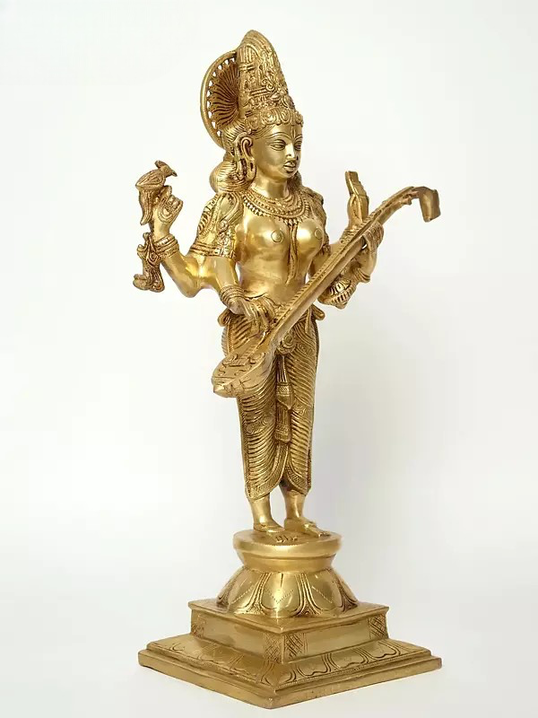 Veena-Vadini Brass Statue of Goddess Saraswati 23 Inches Entryway Setting
