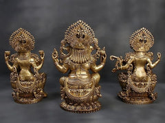 Brass Lakshmi, Ganesha & Saraswati idols from side angles, lotus pedestals