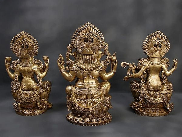 Brass Set of Lakshmi, Ganesha and Saraswati Idol (Height: 26 Inches) Study Setting