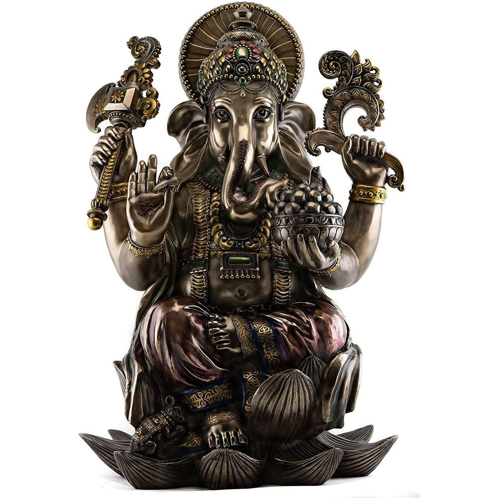 AONA resin large Ganesha statue, gold-tone with jeweled crown and four arms, seated