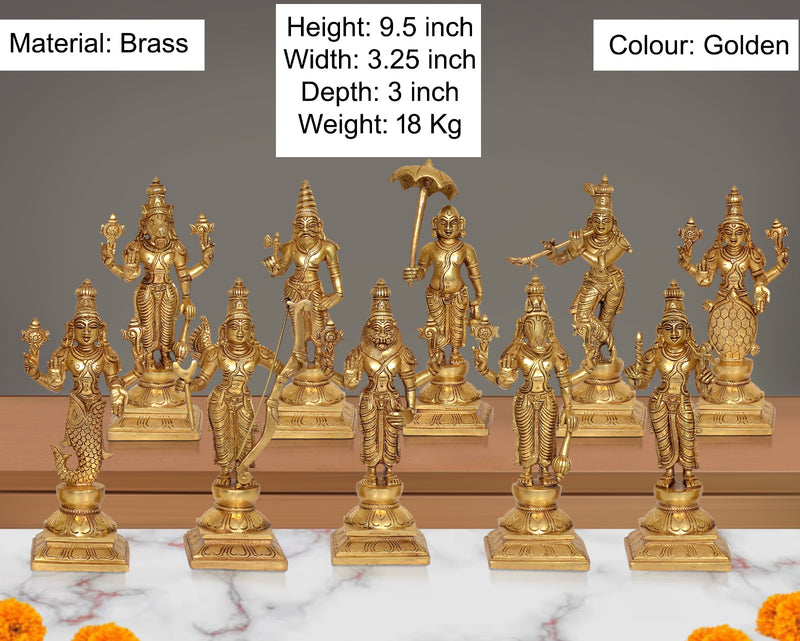 Brass Dasavatharam of Lord Vishnu Statues Ten Incarnations Avatars Murti (Hight: 9.5 Inches)