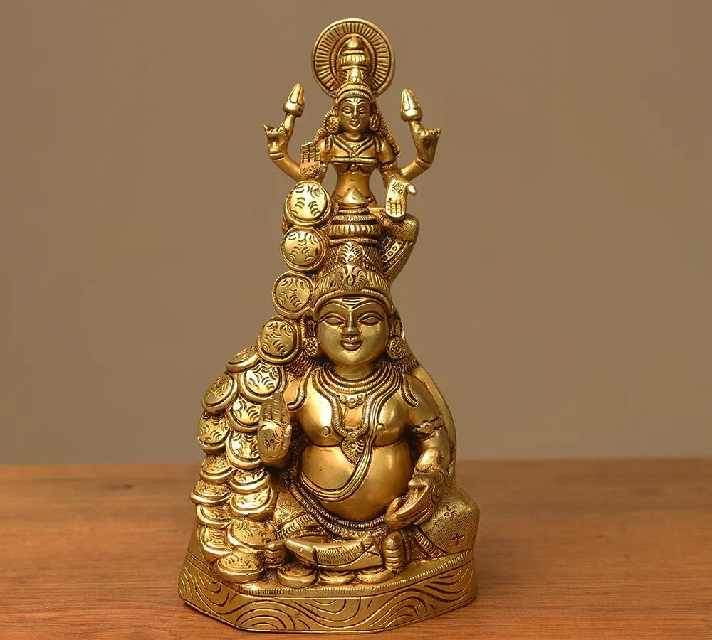 Brass Kuber–Laxmi sculpture: seated figure with halo, raised hands, 10 inch