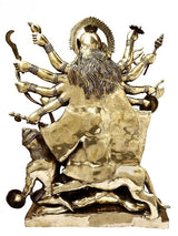 Brass Maa Durga idol rear view, flaring halo, long hair, many raised arms