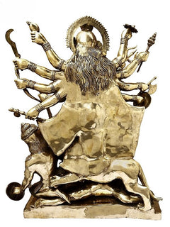 Brass Maa Durga idol rear view, flaring halo, long hair, many raised arms