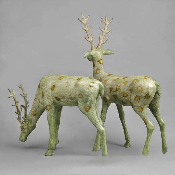 Brass Deer standing, Leaf Green Patina Sculpture (Height :27 Inches) Study Setting