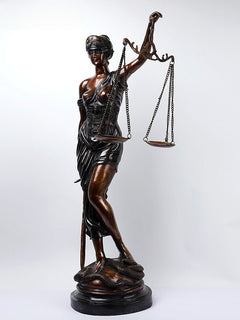 Justice lady brass statue with scales in raised hand and sword at side, 46 in.