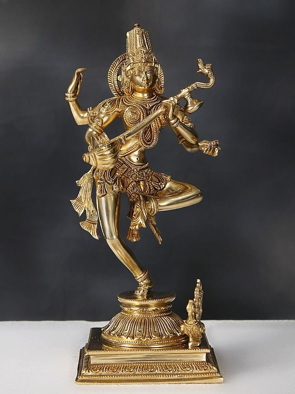 Brass Sculpture of Dancing Goddess Saraswati 14 inches Mandir Setting