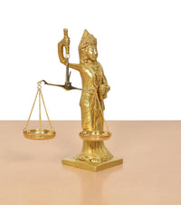Lady Justice desk statue with hanging scale bowl and long chains, gold tone figure