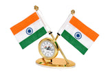 Front view of metal Indian flag watch ornament with gold dial stand and twin flags