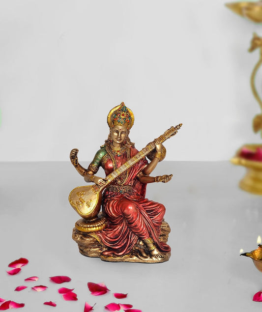 Saraswati Idol - Sculpture Hindu Goddess of Knowledge, Music (Resin, Multicolour) Height 6" inches