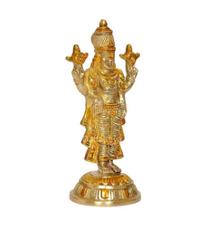Brass Lord Tirupati Bala Ji idol statue, angled view with raised arms and pedestal