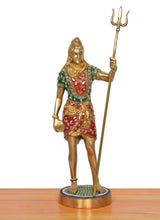Bholenath murti standing with trident, multicolored garments, brass finish