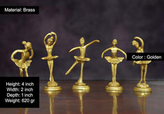 Brass ballerina figurines (set of 5), gold color; 4 in height, on round bases