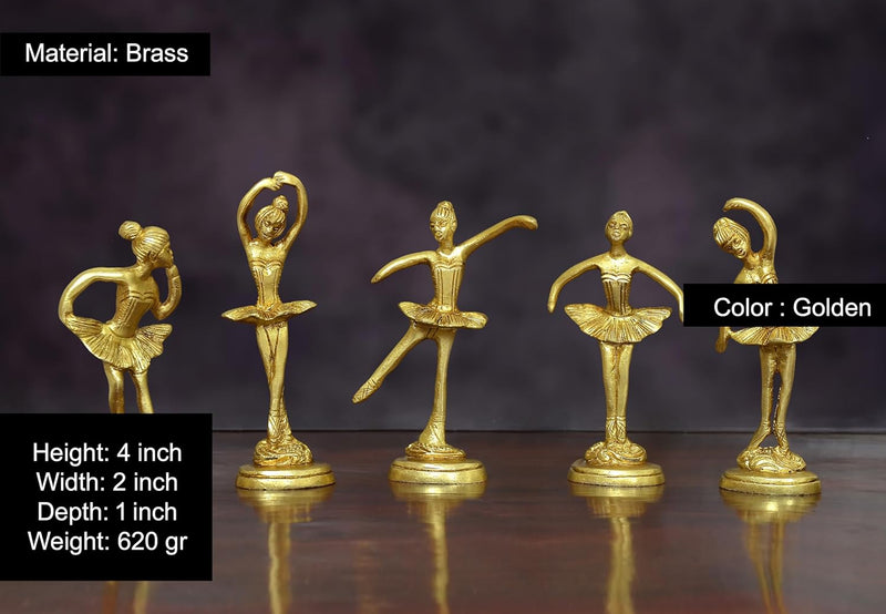Brass Ballerina Dancing Girl Set in 5 Poses (Height: 4 Inches)
