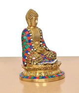 Brass Buddha statue from side-back angle; Dhyan Mudra, multicolour robe with bead trim