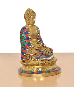 Brass Buddha statue from side-back angle; Dhyan Mudra, multicolour robe with bead trim