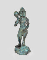Hanuman Ji bronze statue front-left view, turquoise patina, holding mace in one hand