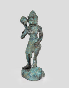 Hanuman Ji bronze statue front-left view, turquoise patina, holding mace in one hand