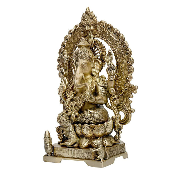 Brass Lord Ganesha Sitting On Lotus Carved Frame with Kirtimuka (Height:18 Inches) Study Setting