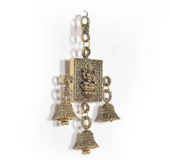 Bronze Lakshmi wall hanging with four bell drops and ornate connector loops