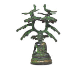 Brass Tree Idol Buddha figure, Bhumisparsha mudra, green patina, ornate pedestal base