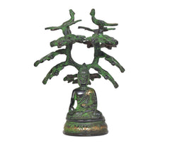 Brass Tree Idol Buddha figure, Bhumisparsha mudra, green patina, ornate pedestal base