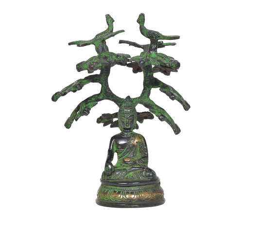Brass Bhumisparsha Mudra Buddha Tree Idol (Height: 6.5 Inches)