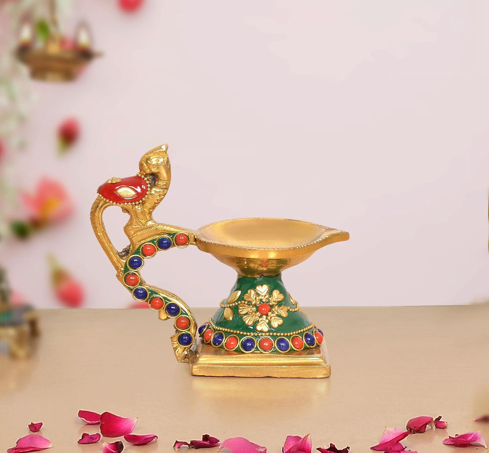 Brass Peacock Diya with Hanging Bell Traditional Oil Lamp (Height 4 Inch)