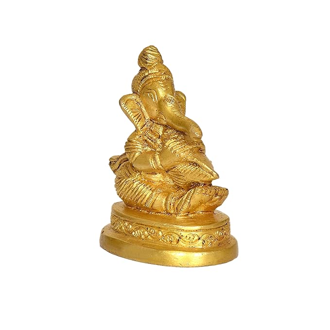 Brass Lord Ganesha Idol Statue Ganesh Decorative Sculpture for Home Office Temple Gift Item Showpiece Golden Height 3" Inches