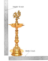 Brass peacock diya stand, height 13 in and width 5 in; ornate oil-lamp body