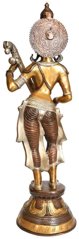 Back view brass Saraswati mata idol with round head emblem and holding veena