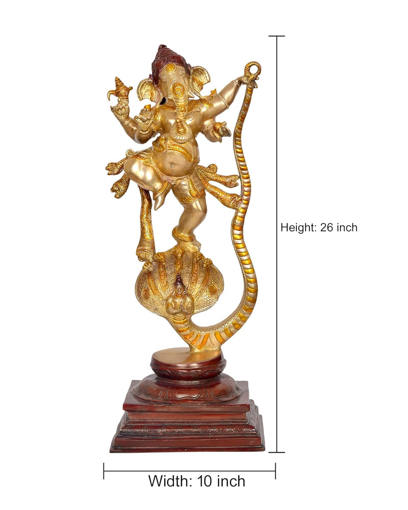 Brass Lord Ganesha Dancing on Serpent Shesha - Hindu Deity Idol for Puja and Gifts (Height 26 Inch)