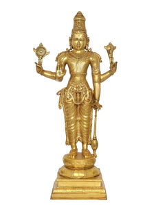 Brass Lord Vishnu idol, front view, four arms raised, ornate gold-tone finish