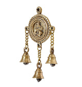 Brass Lakshmi pooja room decoration with three dangling bells and chains