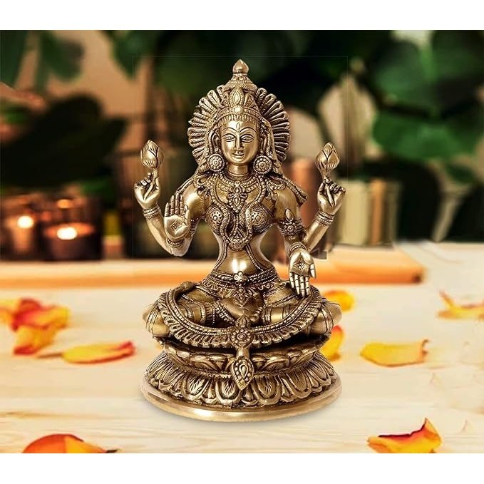 Brass Lakshmi Maa deity statue, seated with four hands and ornate jewelry