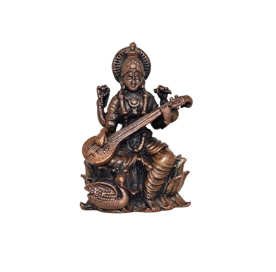 Copper Goddess Saraswati Maa Statue (Height: 3 Inch) Craft Detail