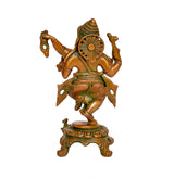 Rear view of brass dancing Ganesha statue with wheel motif and green detailing