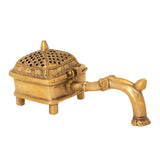 Brass incense holder with hinged lid and side spout-like handle