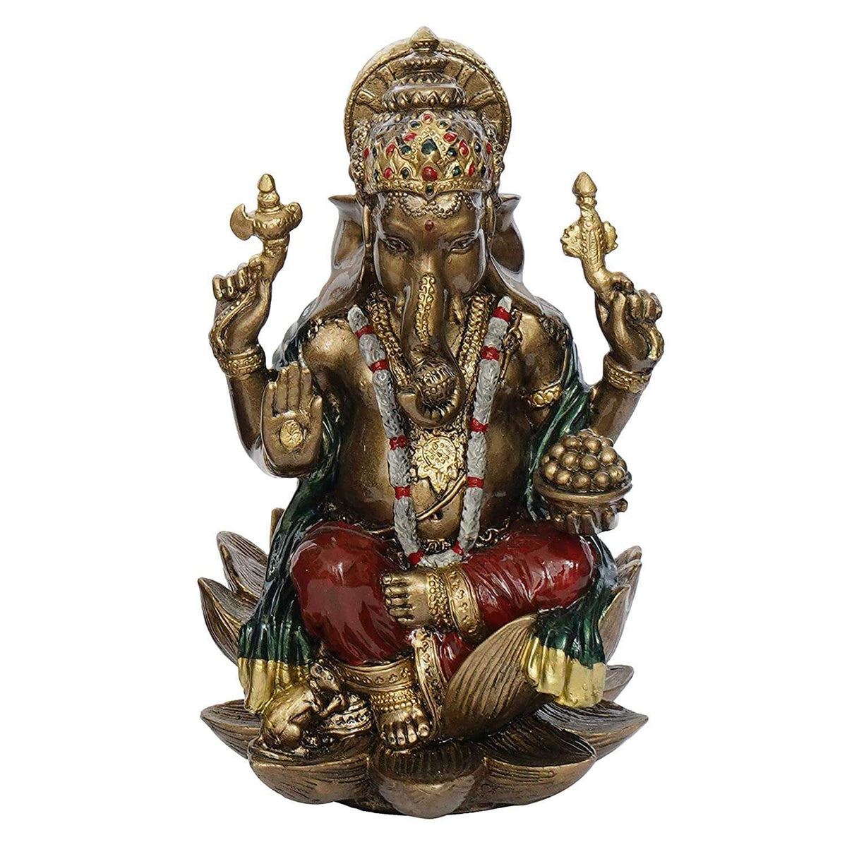 Ganesha polyresin sculpture, seated with red-and-gold ornaments and raised hands
