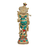 Brass Radha-Krishna figurine, back view with round halo and teal-red attire