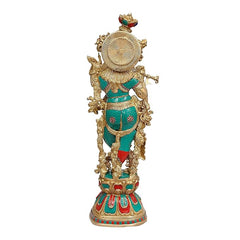 Brass Radha-Krishna figurine, back view with round halo and teal-red attire