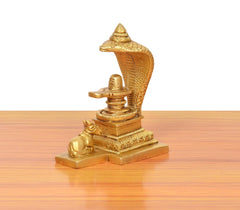 Brass Shivling with Naag hood and Nandi figure, side angle, 4 inch