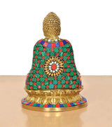 Brass Buddha statue back view; Dhyan Mudra seat, multicolour robe with central sun motif
