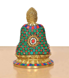Brass Buddha statue back view; Dhyan Mudra seat, multicolour robe with central sun motif