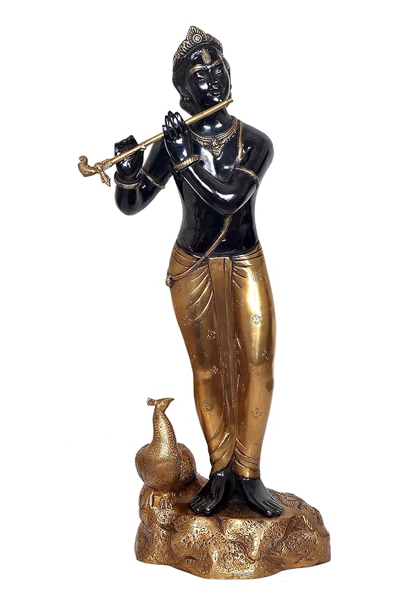 Brass Lord Krishna Idol Figurine Sculpture Playing Flute Statue Decorative Showpiece, (Height 29 Inch)