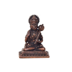 Copper seated Hanuman idol with raised palm and folded legs, 2-inch