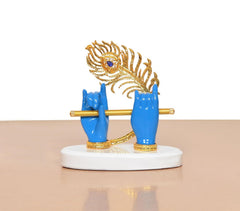 Resin Blue Krishna Ji hands holding flute, golden peacock backdrop on white round base