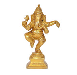 Dancing Ganesha brass murti with ornate headgear and raised hands, 4.5 in